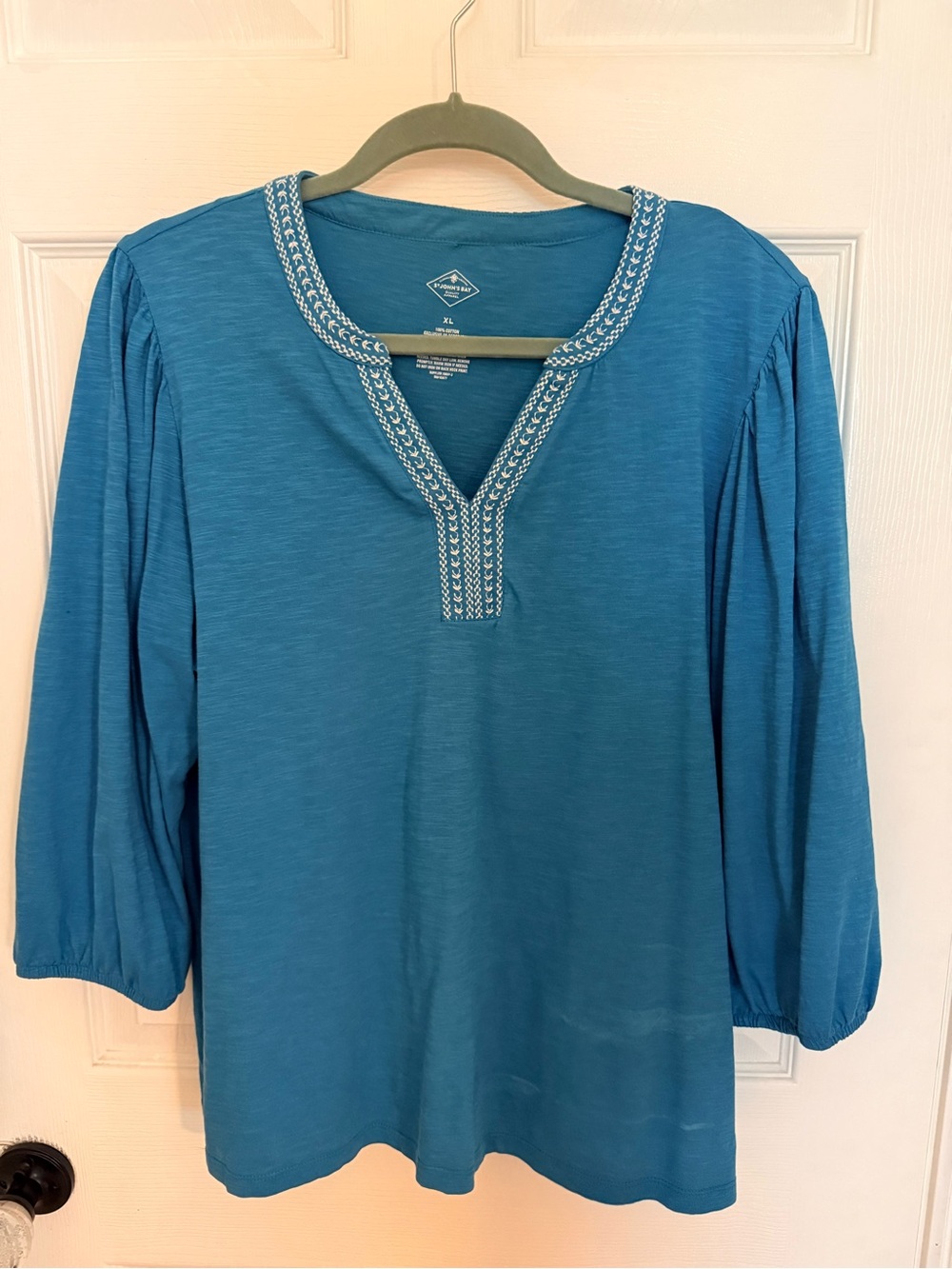 St. John's Bay Teal Embroidered V-Neck Blouse